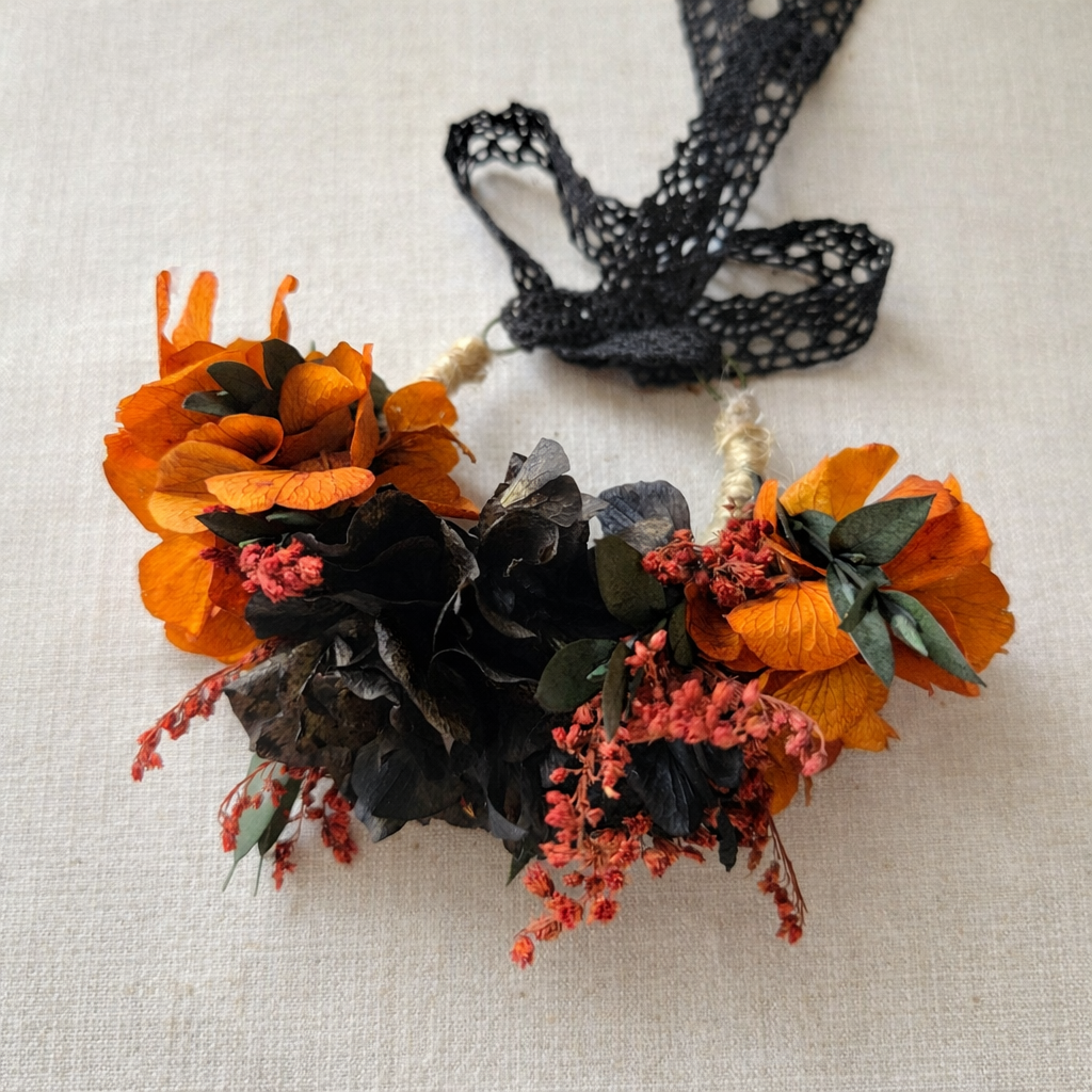 Gothic Burnt Orange Wrist Corsage, Dark Floral Bridesmaid Bracelet