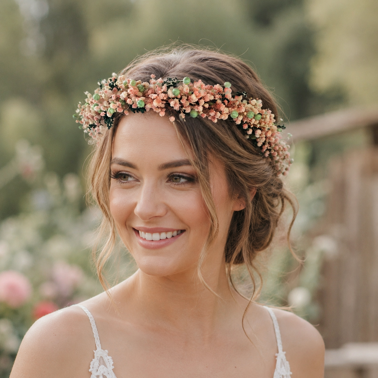 Dusty Pink Baby's Breath Flower Crown, Mint Green Wildflower Crown, Rustic Boho Bridal Headpiece