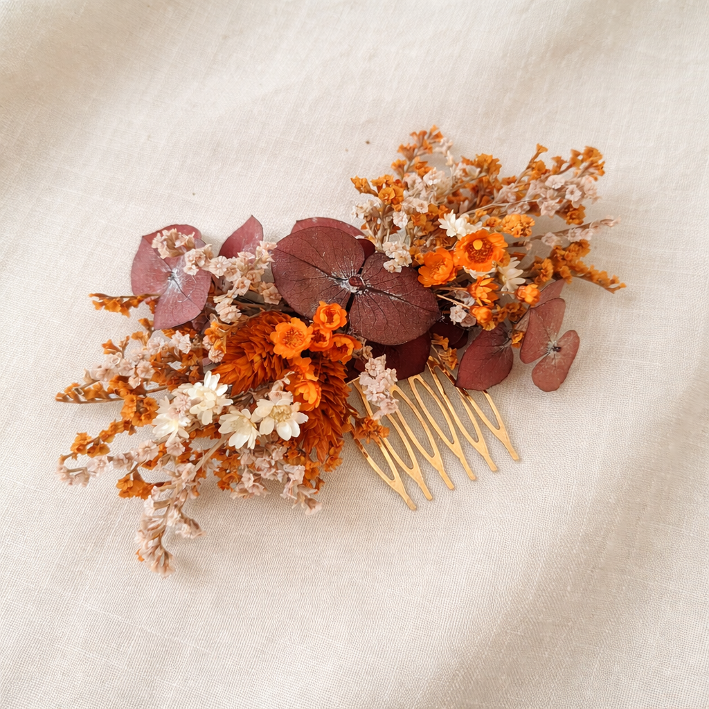 Fall Wedding Hair Comb – Terracotta & Burgundy Preserved Flower Bridal Hair Accessory