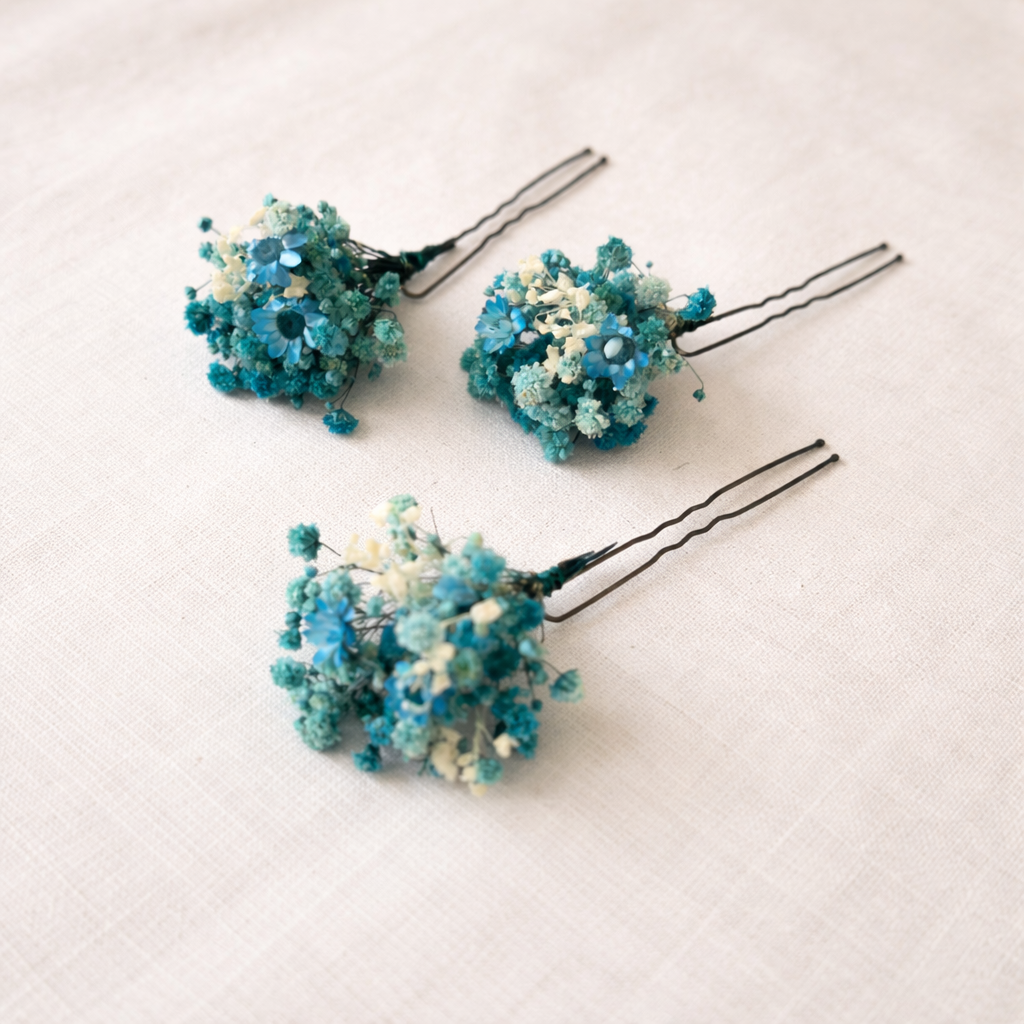 Blue Dried Flower Hair Pins, Bridal Wedding Accessories, Boho Natural Style