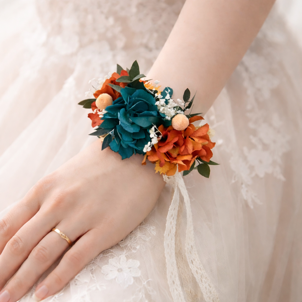 Teal Orange Flower Crown Set for Wedding, Boho Bridal Crown, Preserved Flowers