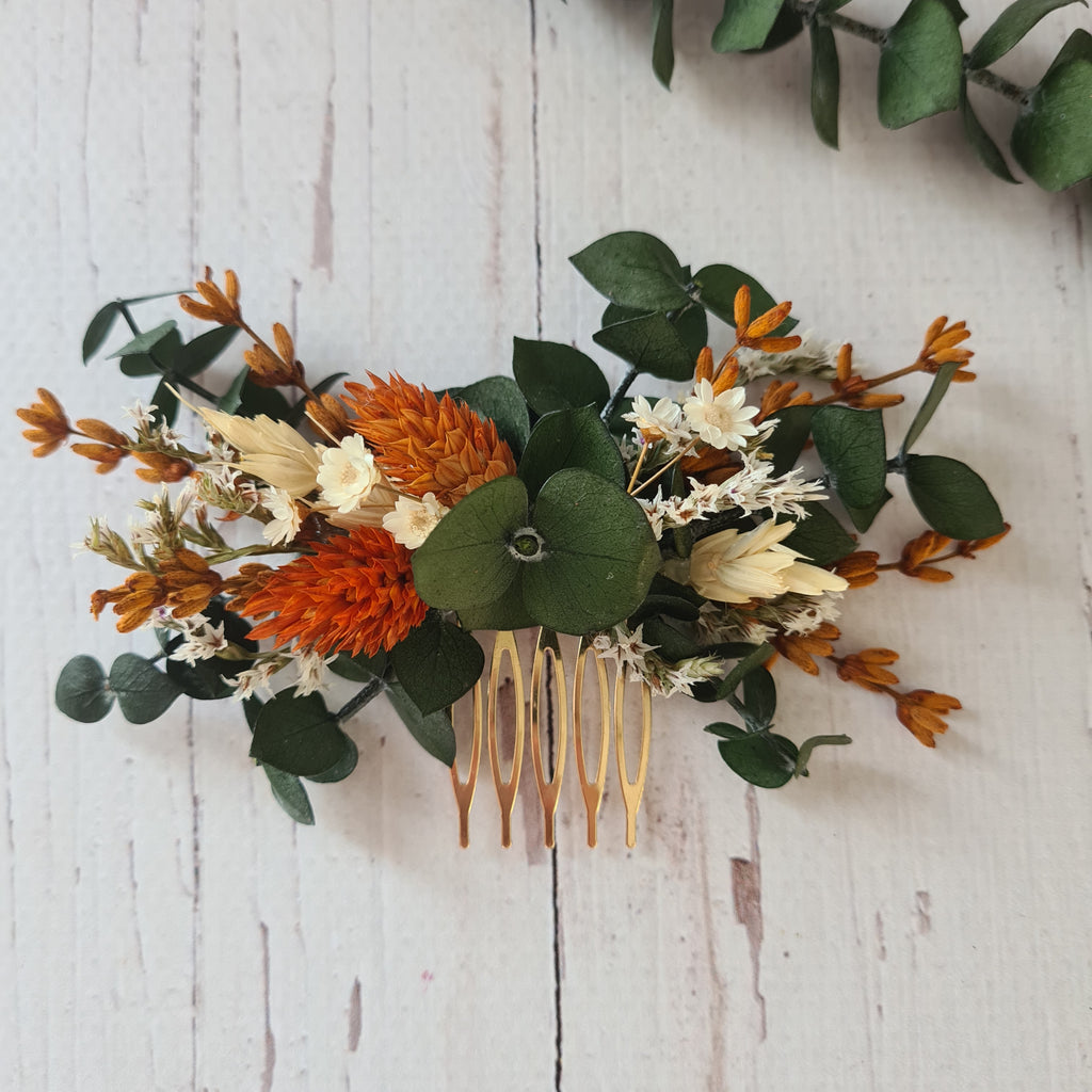 Rust Orange & Ivory Preserved Flower Hair Comb – Eucalyptus Bridal Hairpiece – Autumn Wedding Hair Accessory