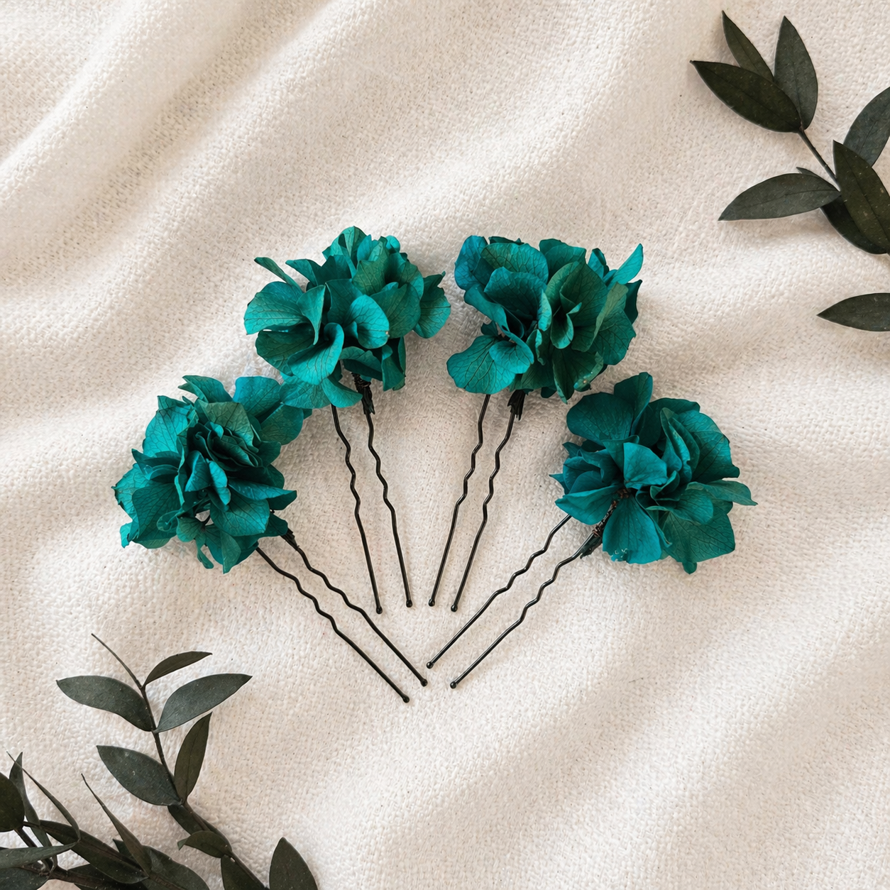 Teal Preserved Flower Hair Pins Set, Boho Bridal Hair Accessories